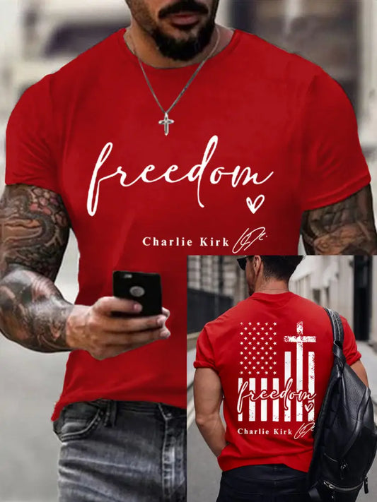 Men’s Freedom Charlie Kirk USA Flag Print Tee Pure Red / S