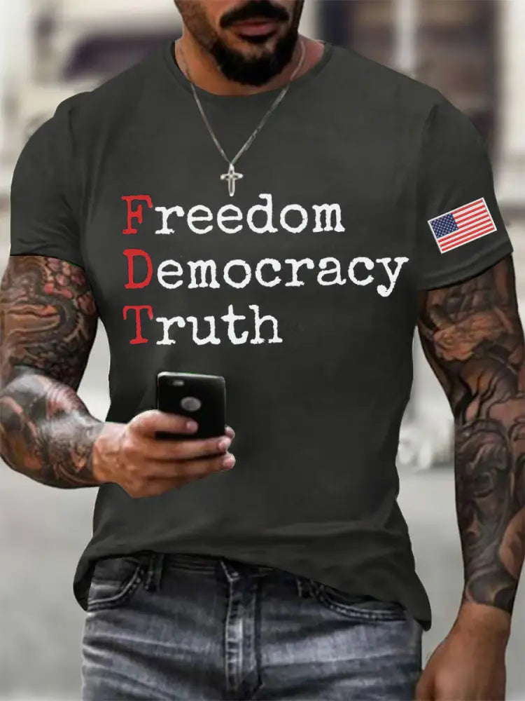 Men’s Freedom Democracy Truth Printed T-shirt Dark Gray / S