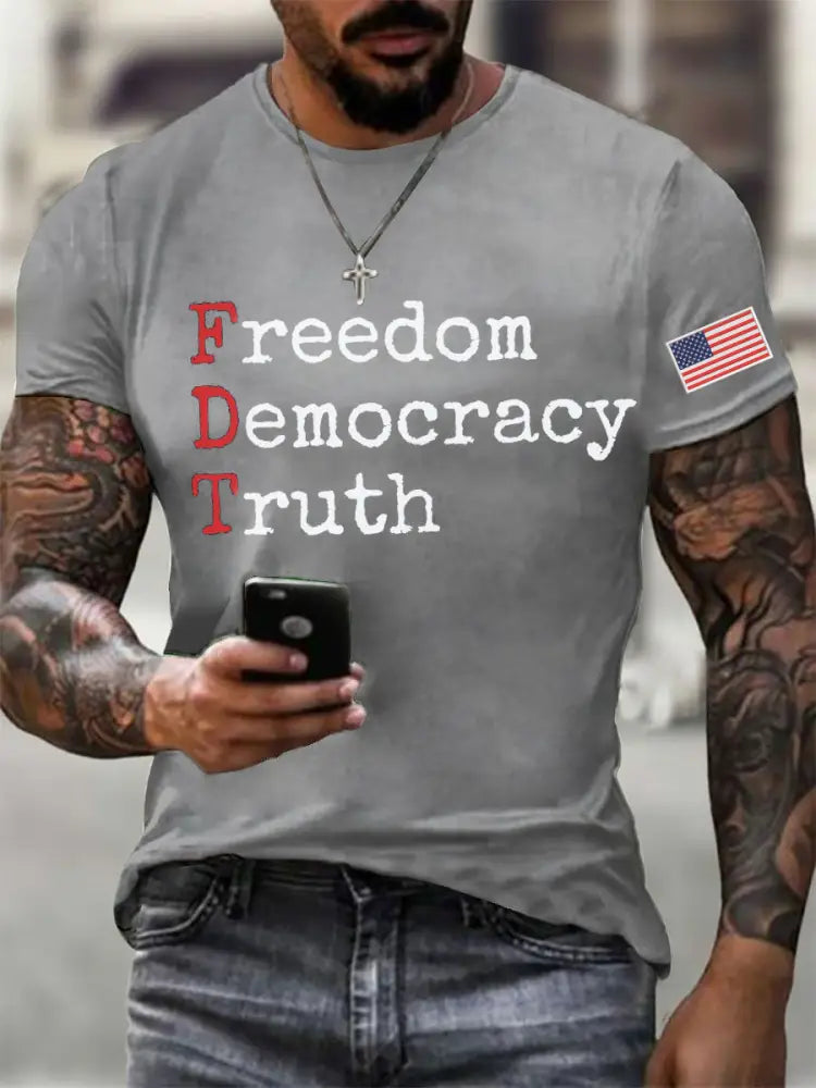 Men’s Freedom Democracy Truth Printed T-shirt Light Gray / S