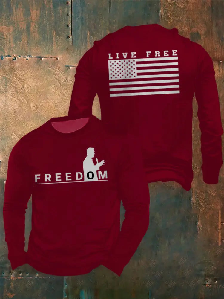 Men’s Freedom Live Free Print long sleeve round neck T-shirt Deep Red / S