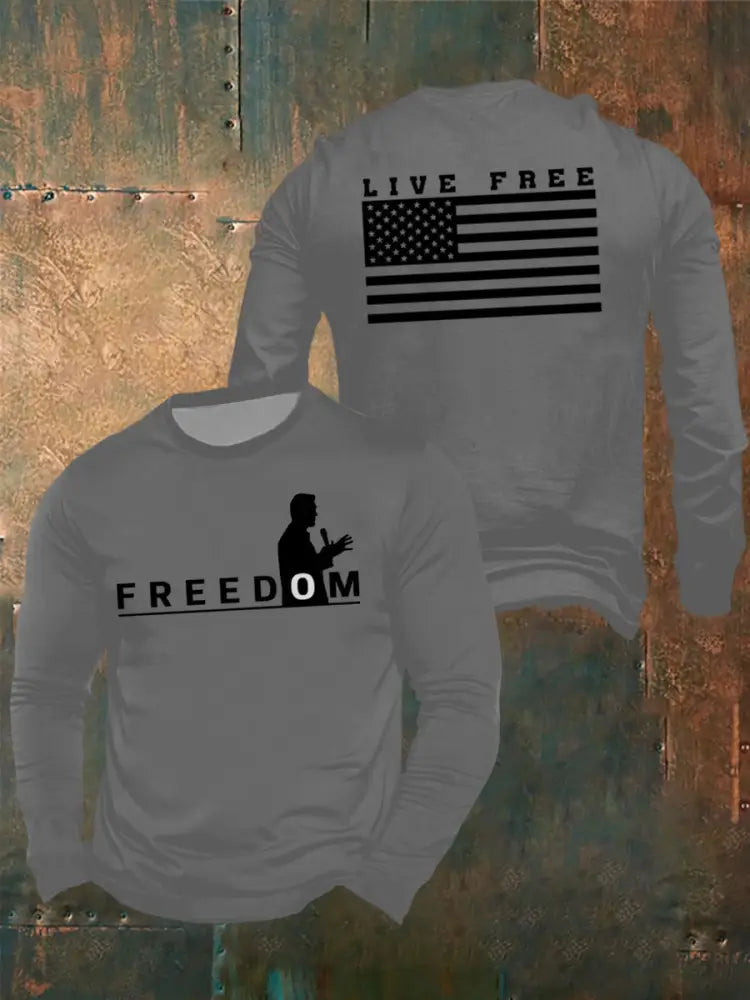 Men’s Freedom Live Free Print long sleeve round neck T-shirt Light Gray / S