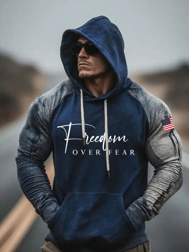Men’s Freedom Over Fear Printed Casual Hoodie Navy Blue / S