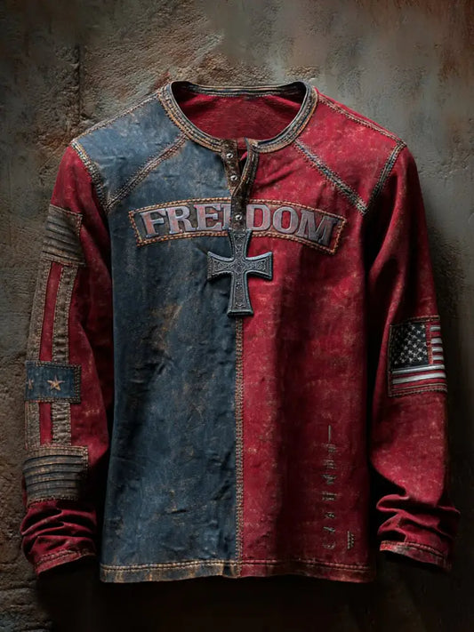 Men’s Freedom Print Casual Button T-Shirt As picture / S