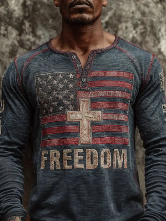 Men’s Freedom Print Casual Button T-Shirt As picture / S