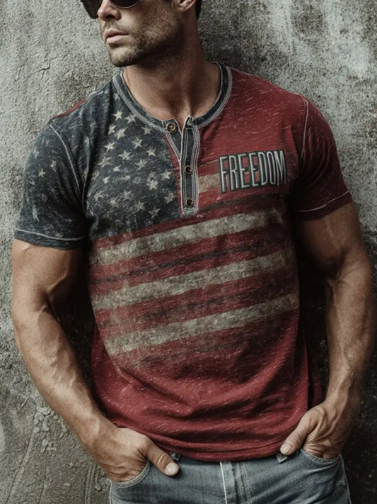 Men’s Freedom Print Casual Button T-Shirt As picture / S