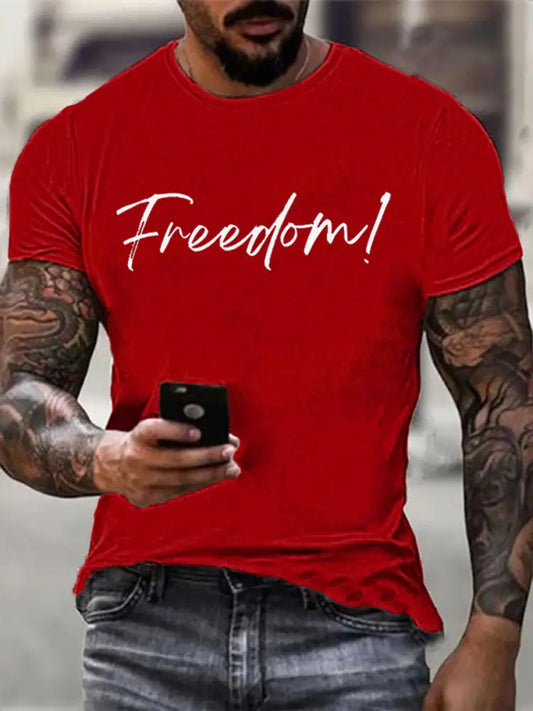 Men’s Freedom Print imitation cotton short-sleeved T-shirt Pure Red / S