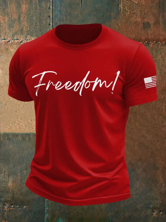 Men’s Freedom Print imitation cotton short-sleeved T-shirt Pure Red / S