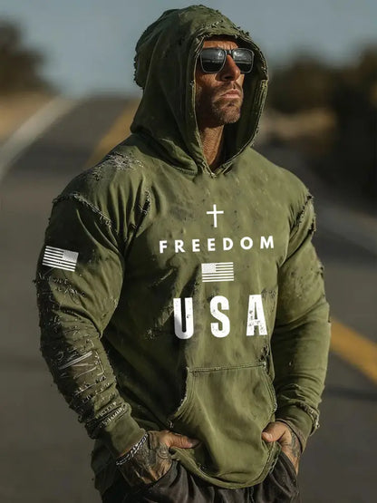Men’s Freedom Printed Casual Hoodie Army Green / S