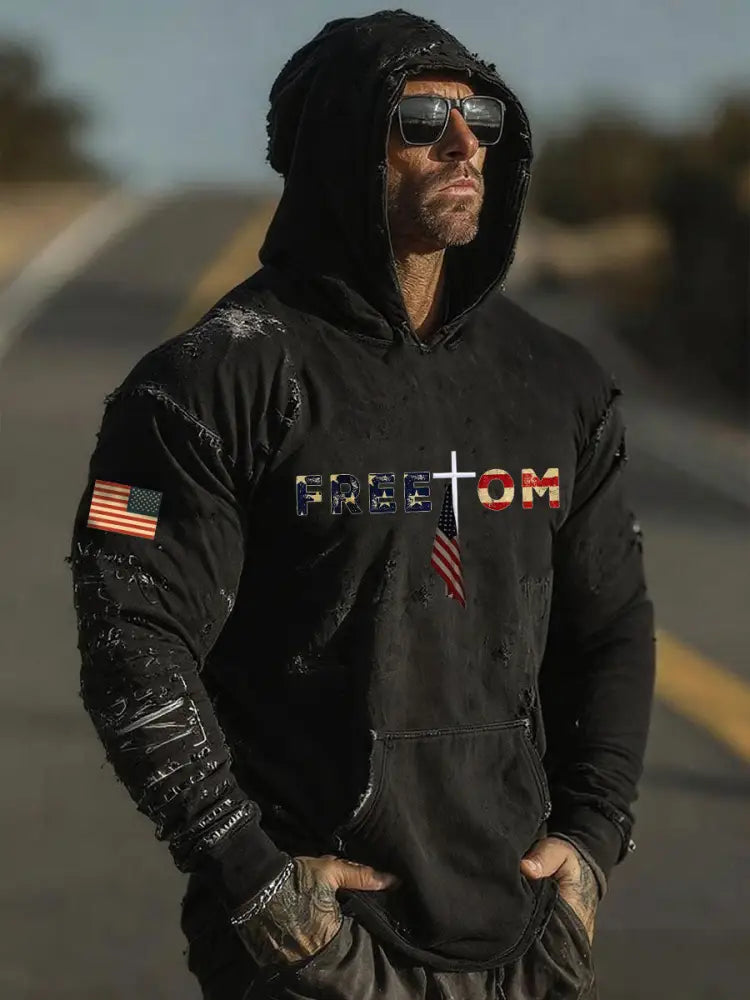 Men’s Freedom Printed Casual Hoodie Black / S