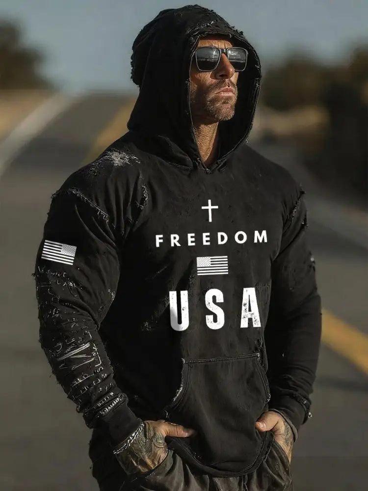 Men’s Freedom Printed Casual Hoodie Black / S