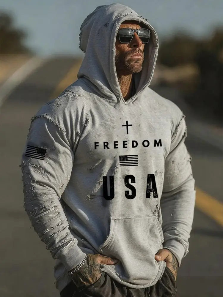 Men’s Freedom Printed Casual Hoodie Gray / S