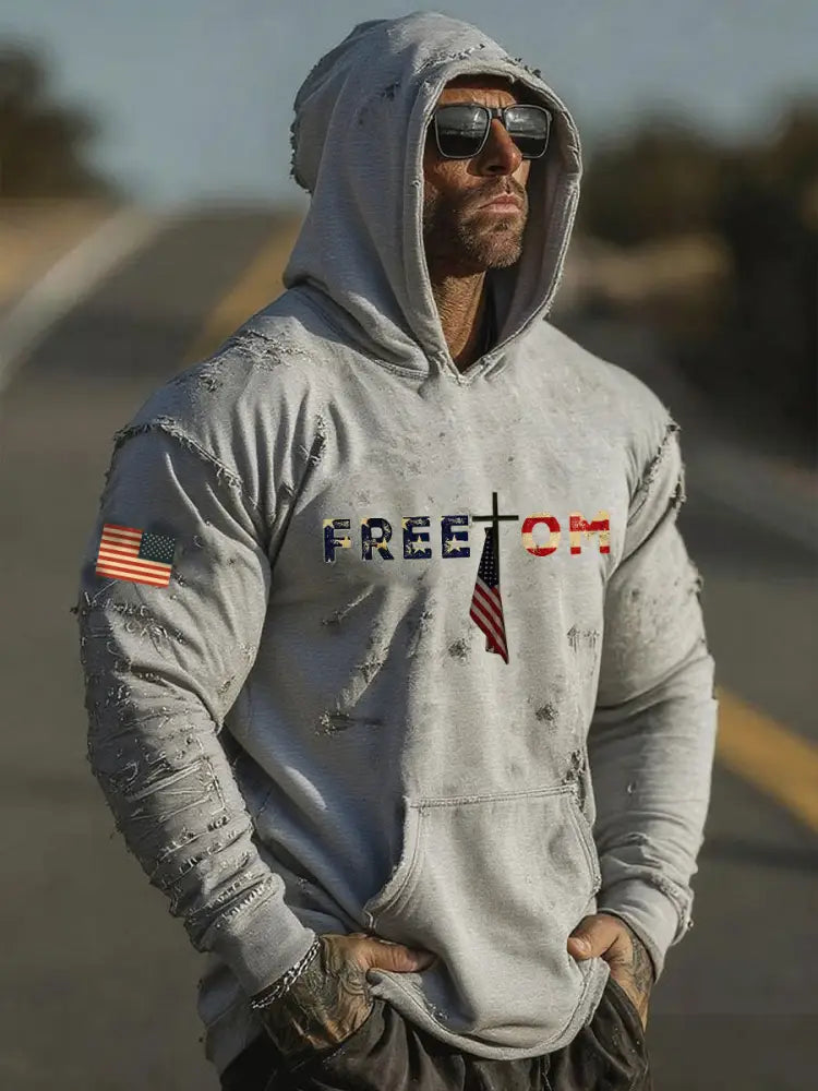 Men’s Freedom Printed Casual Hoodie Gray / S
