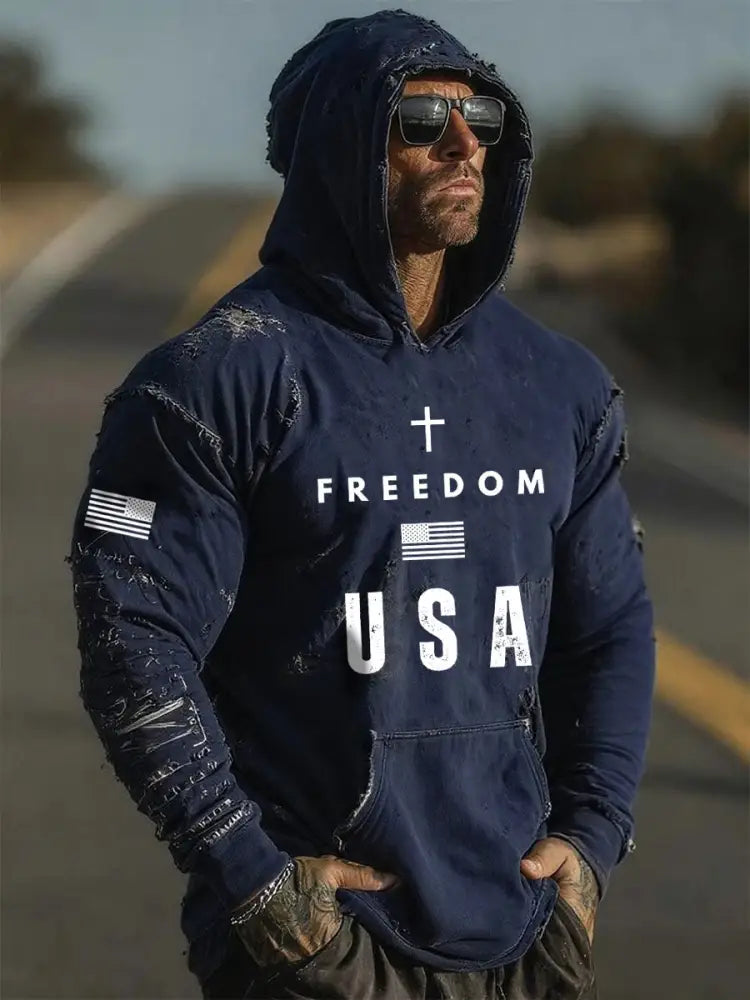 Men’s Freedom Printed Casual Hoodie Navy Blue / S