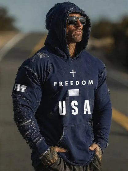 Men’s Freedom Printed Casual Hoodie Navy Blue / S