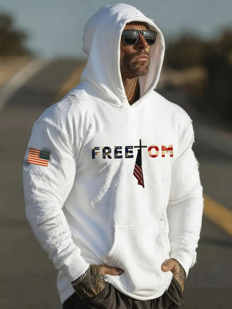 Men’s Freedom Printed Casual Hoodie White / S
