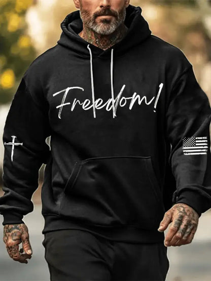 Men’s Freedom Printed Oversized Drop-Shoulder Hoodie with Pockets Black / S