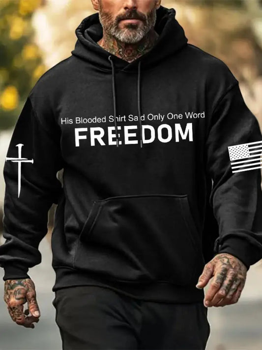 Men’s Freedom Printed Oversized Drop-Shoulder Hoodie with Pockets Black / S