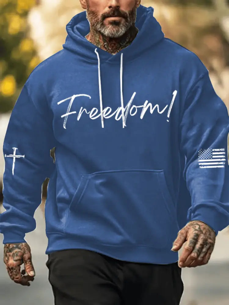 Men’s Freedom Printed Oversized Drop-Shoulder Hoodie with Pockets Blue / S
