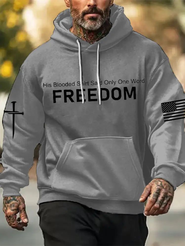 Men’s Freedom Printed Oversized Drop-Shoulder Hoodie with Pockets Gray / S