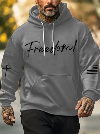 Men’s Freedom Printed Oversized Drop-Shoulder Hoodie with Pockets Gray / S