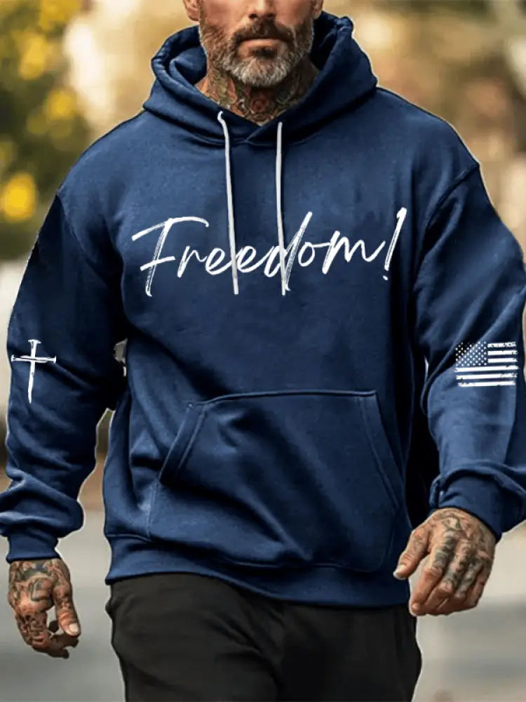 Men’s Freedom Printed Oversized Drop-Shoulder Hoodie with Pockets Navy Blue / S