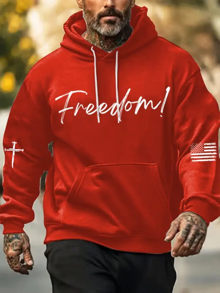 Men’s Freedom Printed Oversized Drop-Shoulder Hoodie with Pockets Red / S