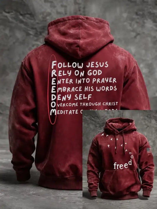 Men’s Freedom Printed Oversized Drop-Shoulder Hoodie with Pockets Red / S