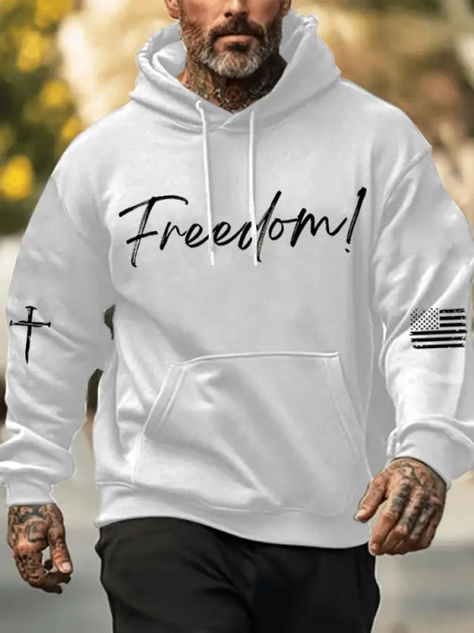 Men’s Freedom Printed Oversized Drop-Shoulder Hoodie with Pockets White / S
