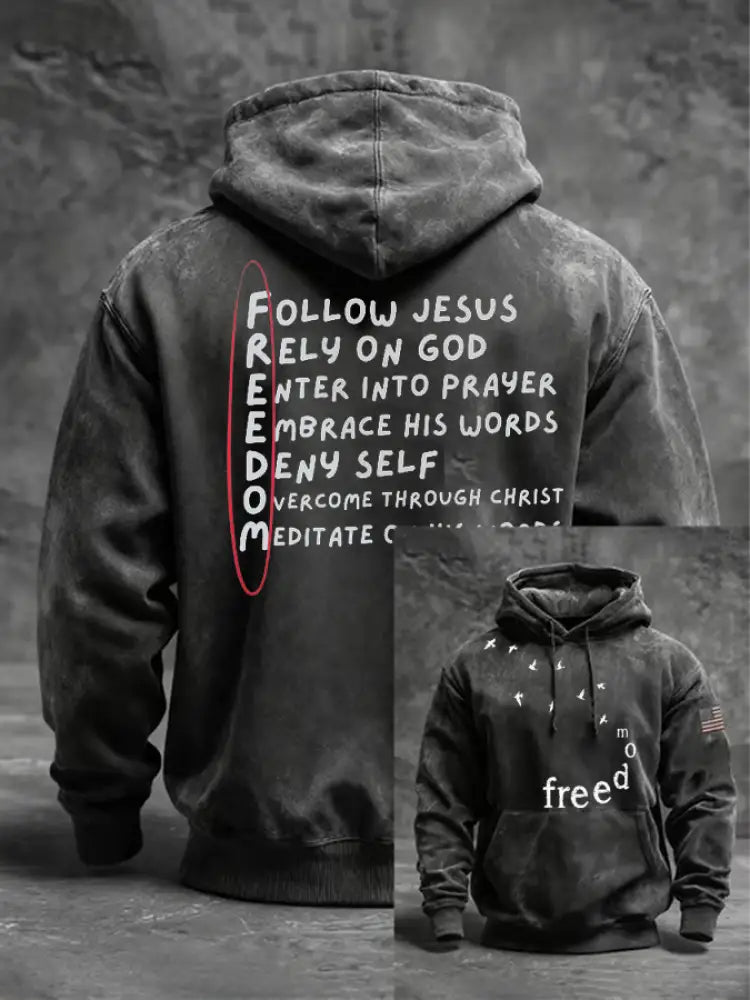 Men’s Freedom Printed Oversized Drop-Shoulder Hoodie with Pockets White / S