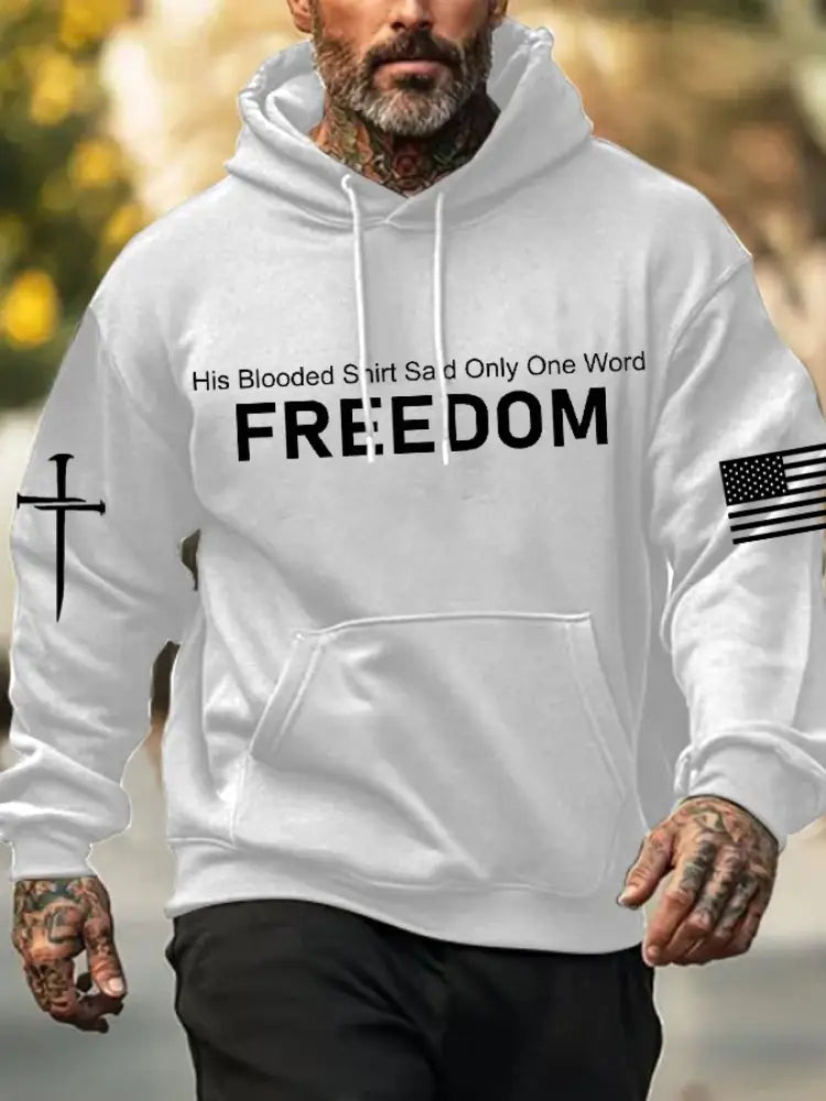 Men’s Freedom Printed Oversized Drop-Shoulder Hoodie with Pockets White / S