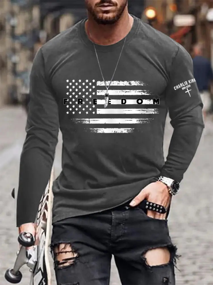 Men’s Freedom USA Flag Print Long Sleeve T-Shirt Gray / S