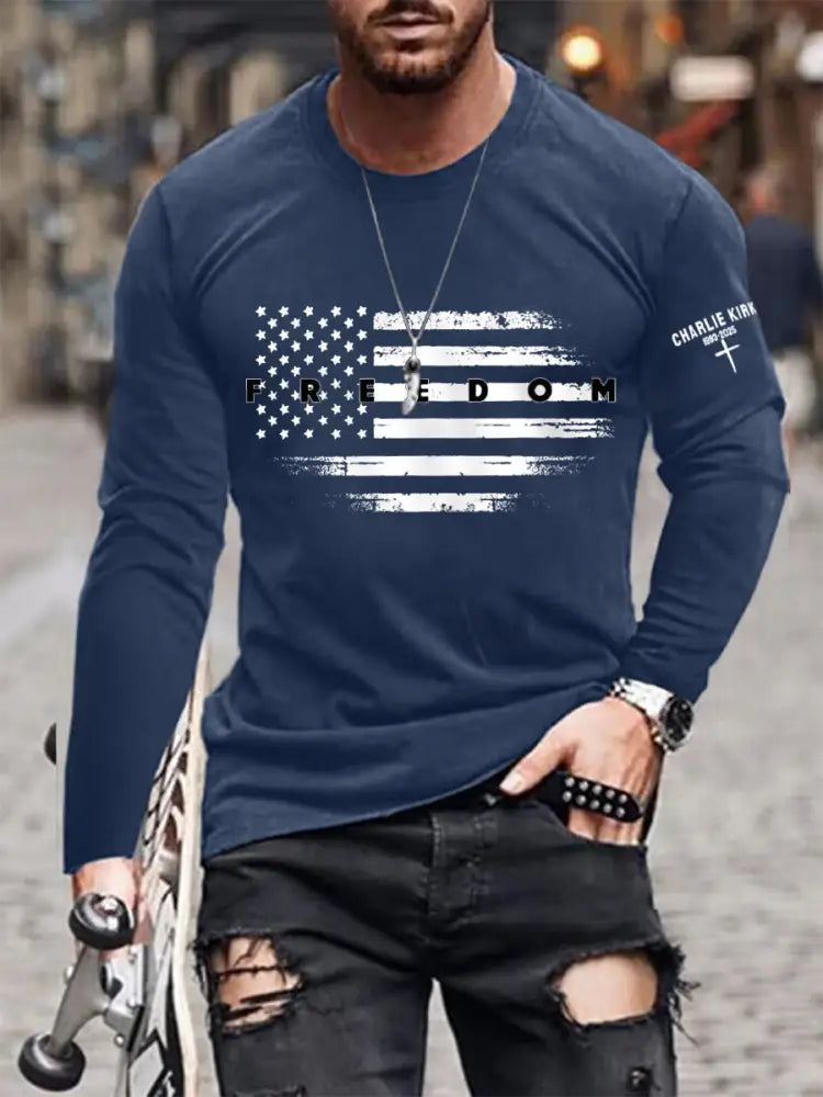 Men’s Freedom USA Flag Print Long Sleeve T-Shirt Navy Blue / S