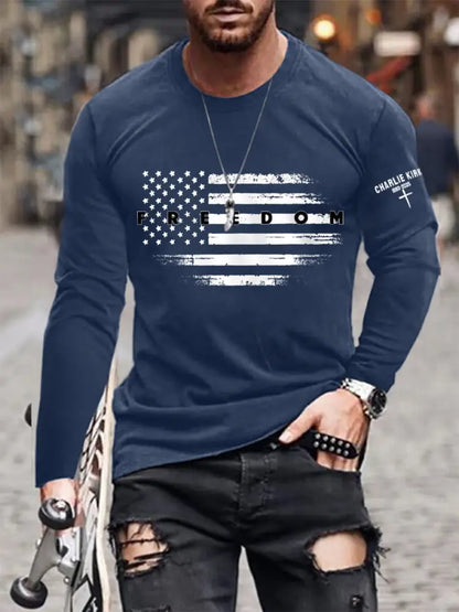 Men’s Freedom USA Flag Print Long Sleeve T-Shirt Navy Blue / S