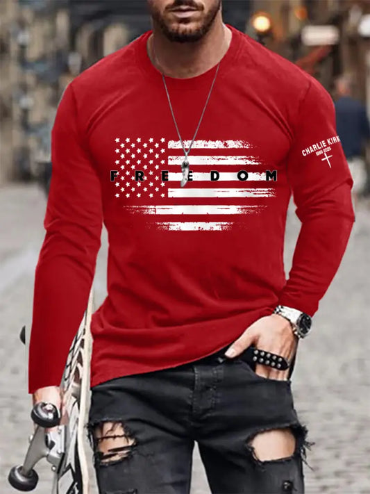 Men’s Freedom USA Flag Print Long Sleeve T-Shirt Red / S