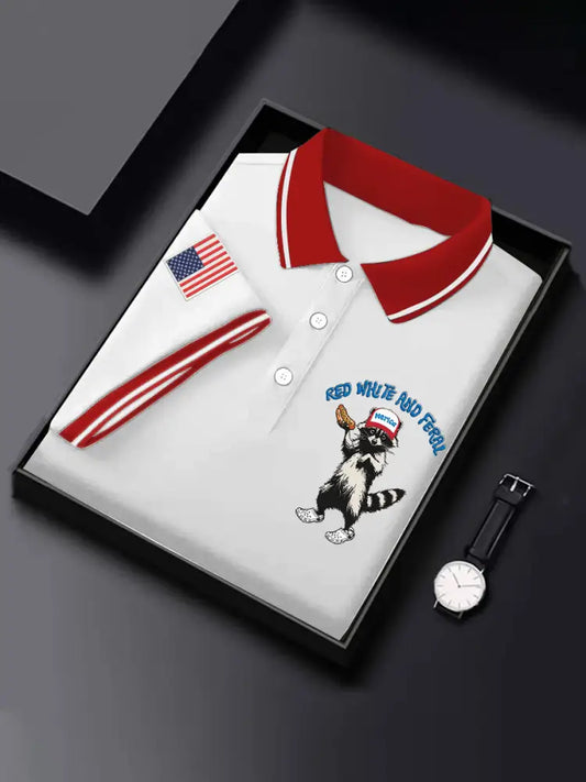 Men’s Funny 4th Of July Red White And Feral American Flag Print Casual Top White / S