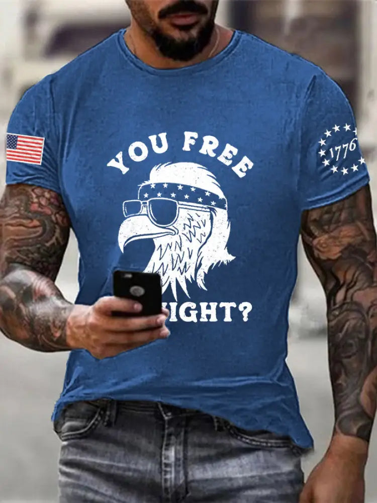 Men’s Funny Fourth of July Funny Eagle You Free Tonight Short Sleeve T-shirt Blue / S