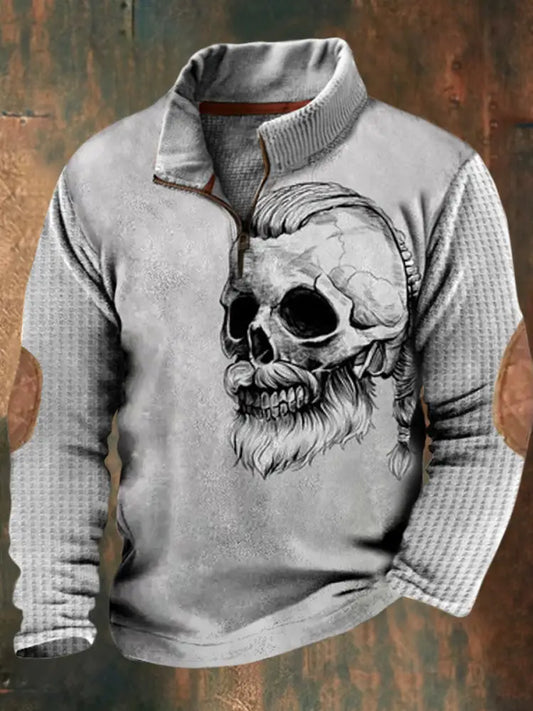 Men’s Funny Punk Skeleton Print Lapel Walf Checks splicing Zipper Sweatshirt A / S