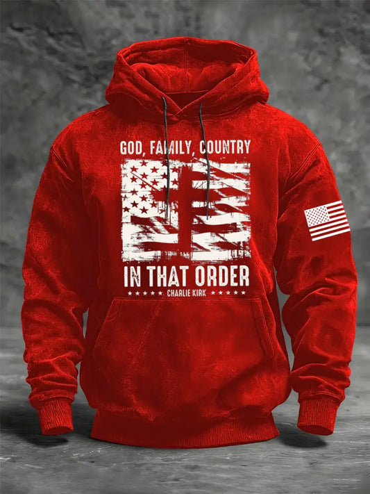 Men’s God Family Country Charlie Kirk Oversized Drop-Shoulder Hoodie with Pockets Red / S