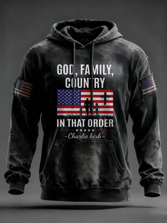 Men’s God Family Country Charlie Kirk Printed Hoodie Black / S