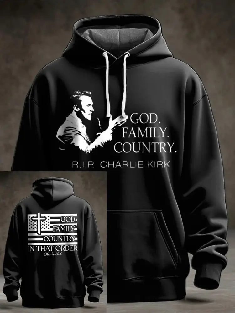 Men’s God Family Country Charlie Kirk Printed Hoodie Black / S