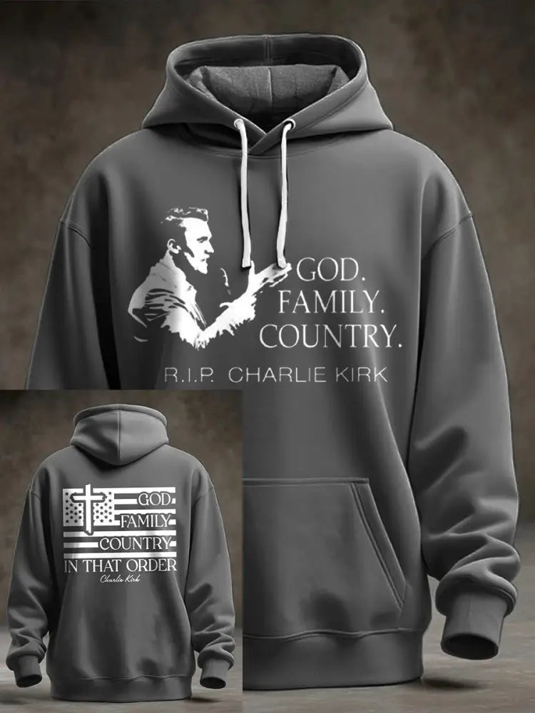 Men’s God Family Country Charlie Kirk Printed Hoodie Gray / S