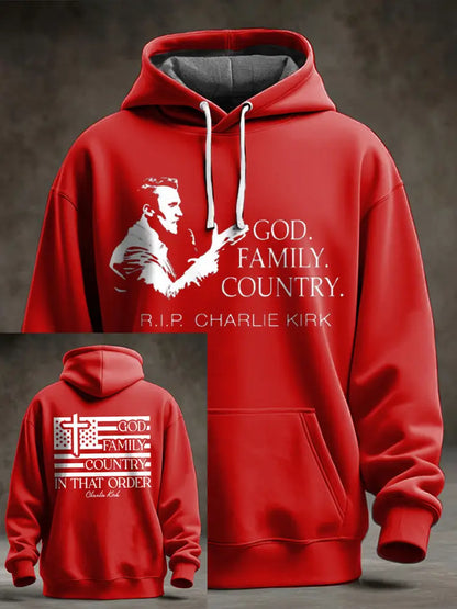Men’s God Family Country Charlie Kirk Printed Hoodie Red / S