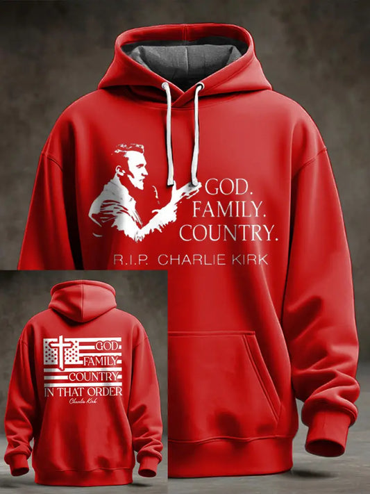 Men’s God Family Country Charlie Kirk Printed Hoodie Red / S