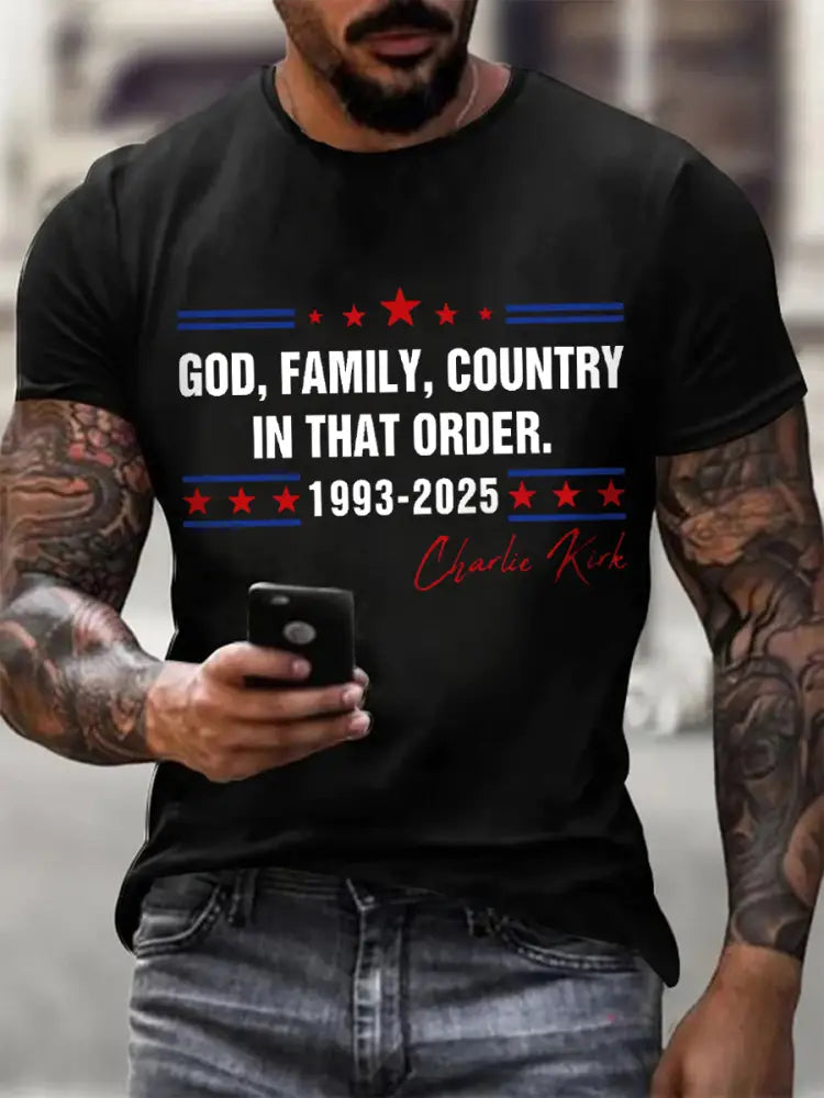 Men’s God Family Country Charlie Kirk Printed T-shirt Black / S