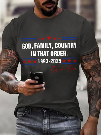 Men’s God Family Country Charlie Kirk Printed T-shirt Dark Gray / S