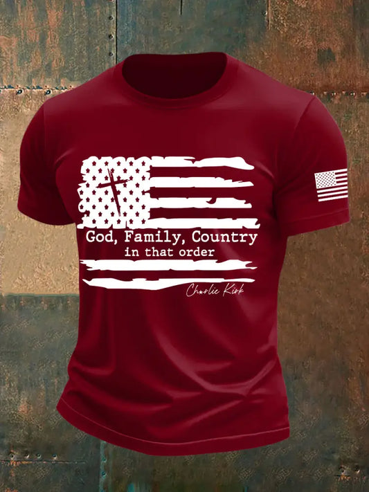 Men’s God Family Country Charlie Kirk Printed T-shirt Deep Red / S