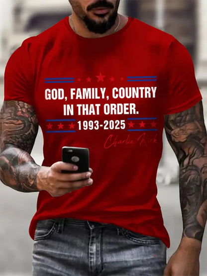 Men’s God Family Country Charlie Kirk Printed T-shirt Pure Red / S