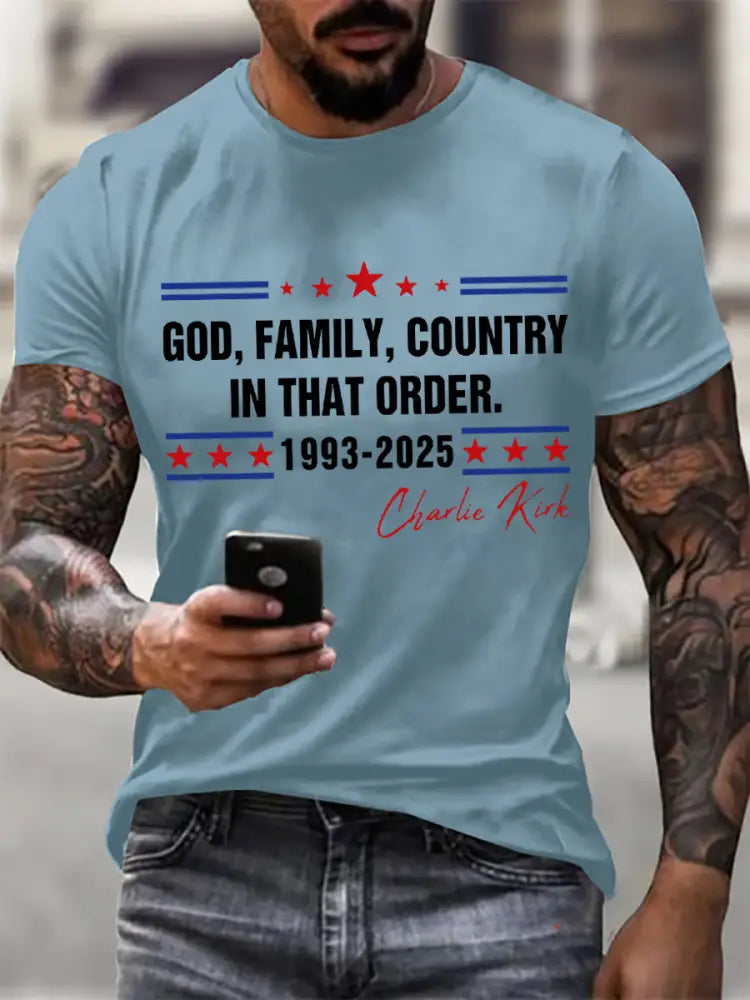 Men’s God Family Country Charlie Kirk Printed T-shirt Sky Blue / S