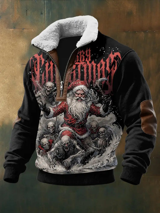 Men’s Gothic Santa Claus Printed Long Sleeved Stand Up Collar Lambhair Zipper Top Black / S