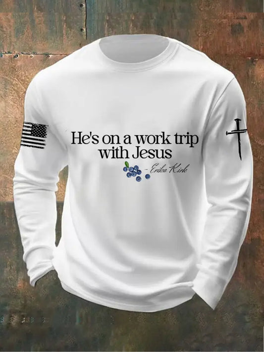 Men’s He’s On A Work Trip With Jesus Charlie Kirk Sweater White / S